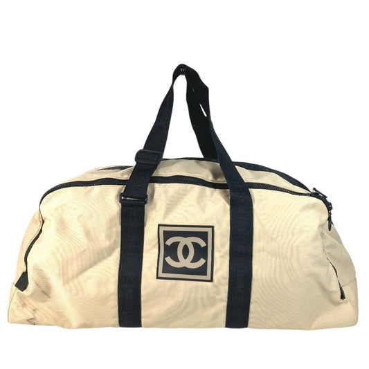 Chanel Boston Bag CC Logo Bicolor Nylon Canvas Beige