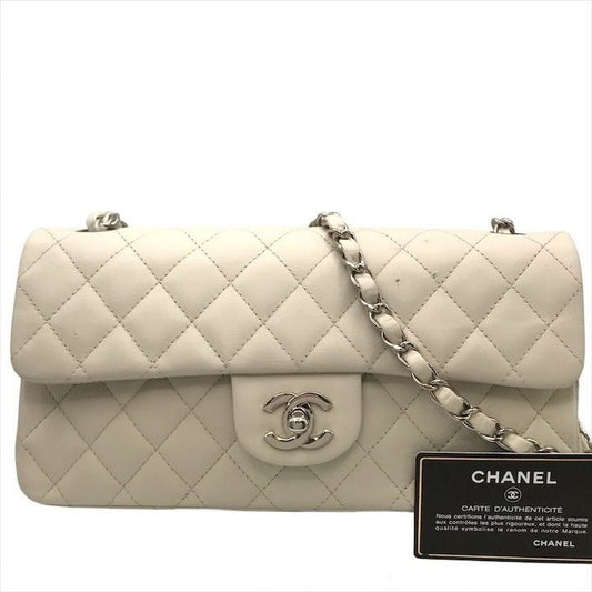 Chanel CC Logo Turnlock Lambskin Chain Shoulder Bag White Purse