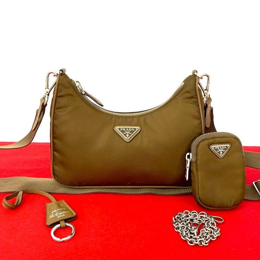 Prada Triangle Logo Hardware Nylon Saffiano Leather 2-Way Chain Semi One