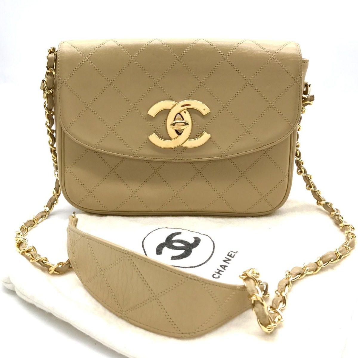 Chanel Big CC Logo Turnlock Chain Shoulder Bag Beige