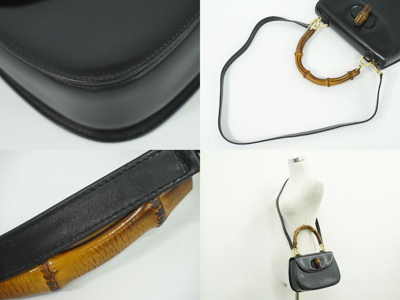 Authentic Gucci Bamboo 2WAY Shoulder Bag Handbag Pochette Leather Black Bamboo