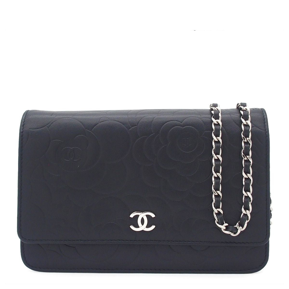 Chanel Chain Wallet Black Silver Lambskin Camellia Shoulder Bag