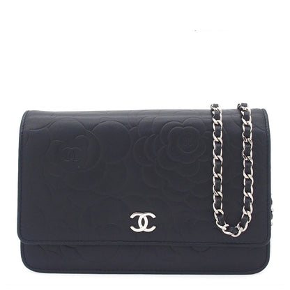 Chanel Chain Wallet Black Silver Lambskin Camellia Shoulder Bag