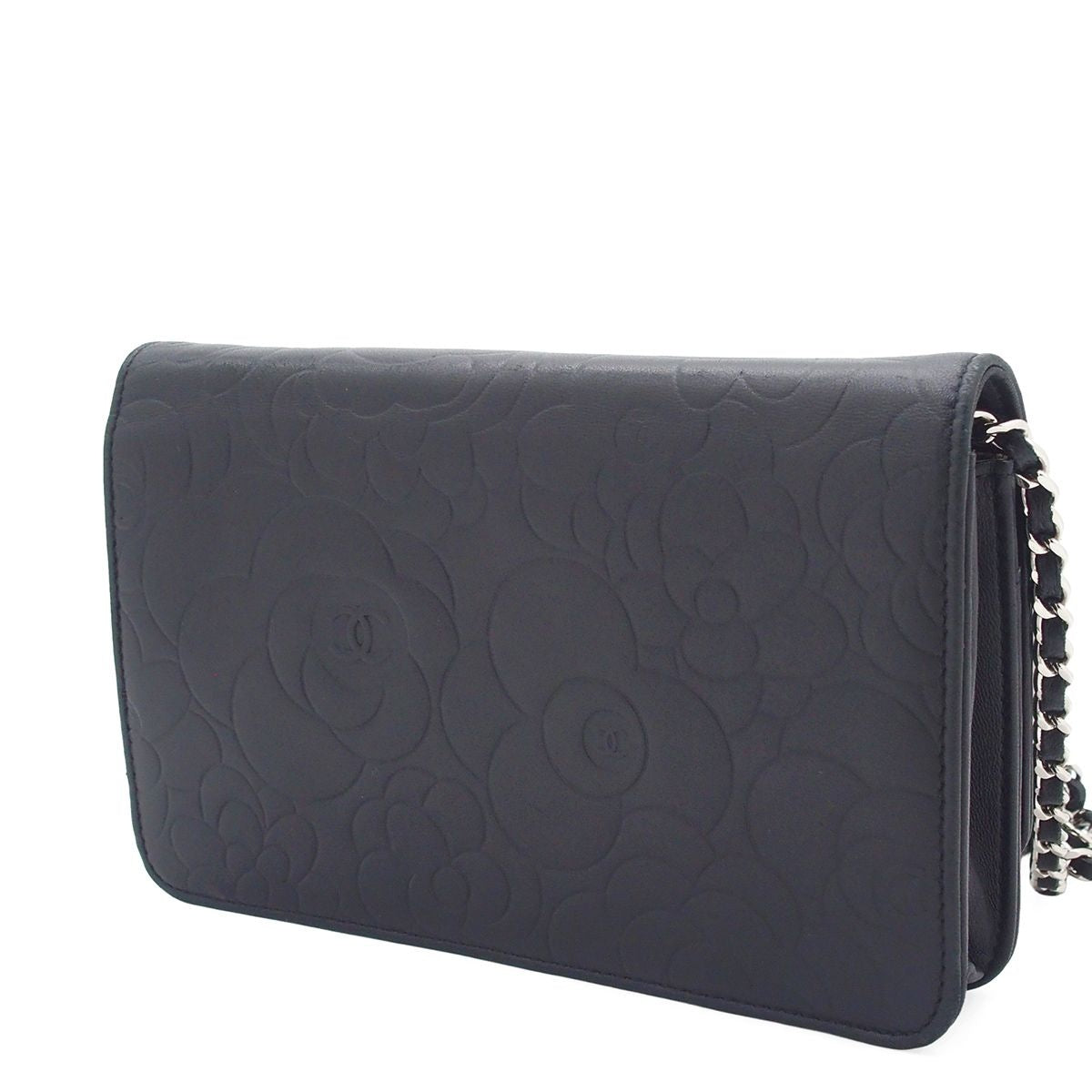 Chanel Chain Wallet Black Silver Lambskin Camellia Shoulder Bag — view 2