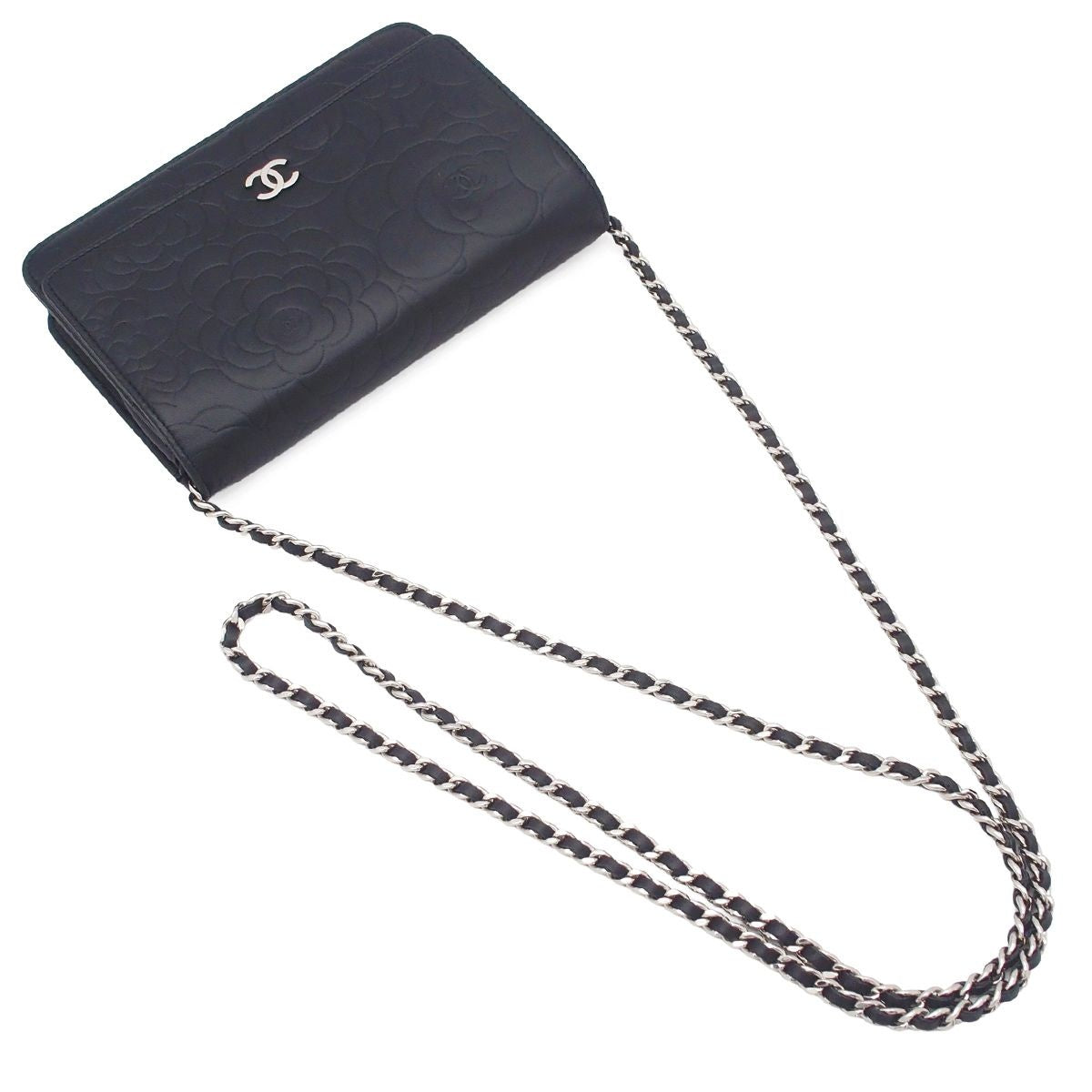 Chanel Chain Wallet Black Silver Lambskin Camellia Shoulder Bag — view 4