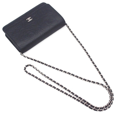 Chanel Chain Wallet Black Silver Lambskin Camellia Shoulder Bag — view 4