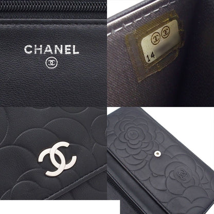 Chanel Chain Wallet Black Silver Lambskin Camellia Shoulder Bag — view 6