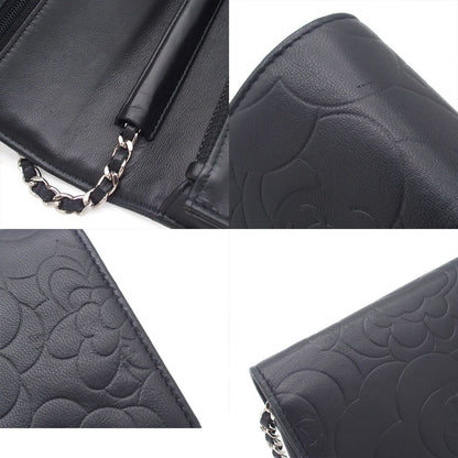 Chanel Chain Wallet Black Silver Lambskin Camellia Shoulder Bag — view 8