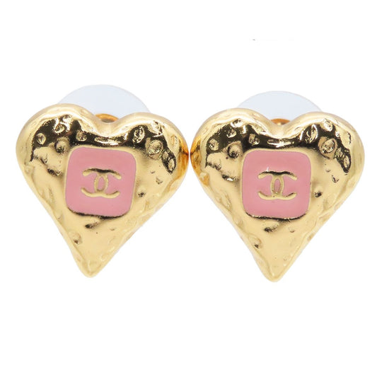 Chanel Earrings Gold Pink Metal CC Logo Heart