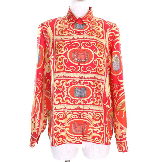 Hermes Vintage 100% Silk All-over Horse Pattern Long-sleeved Shirt Blouse Top