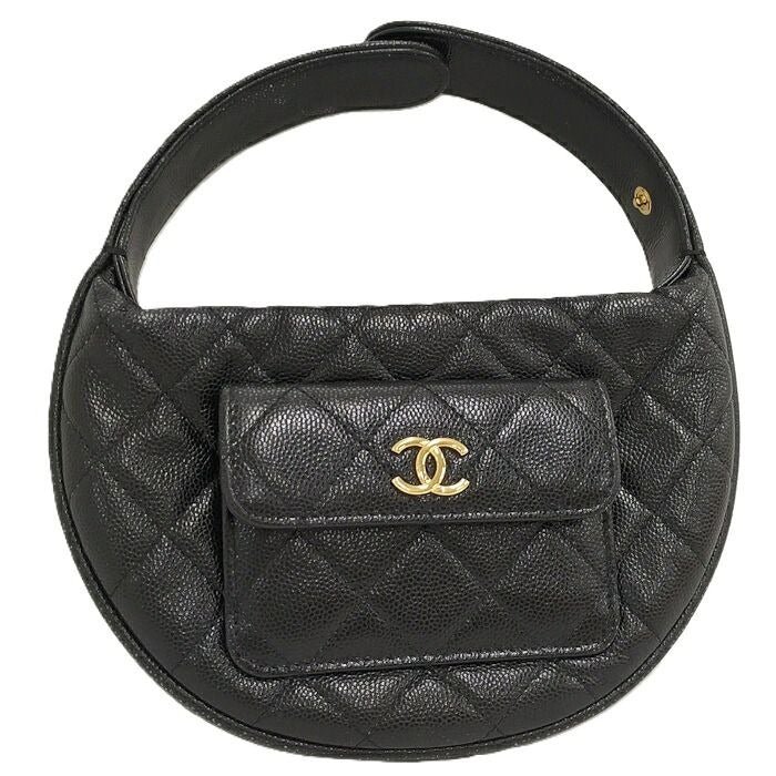 Chanel Handbag Caviar Leather Quilted Gold Hardware Black Ap3467