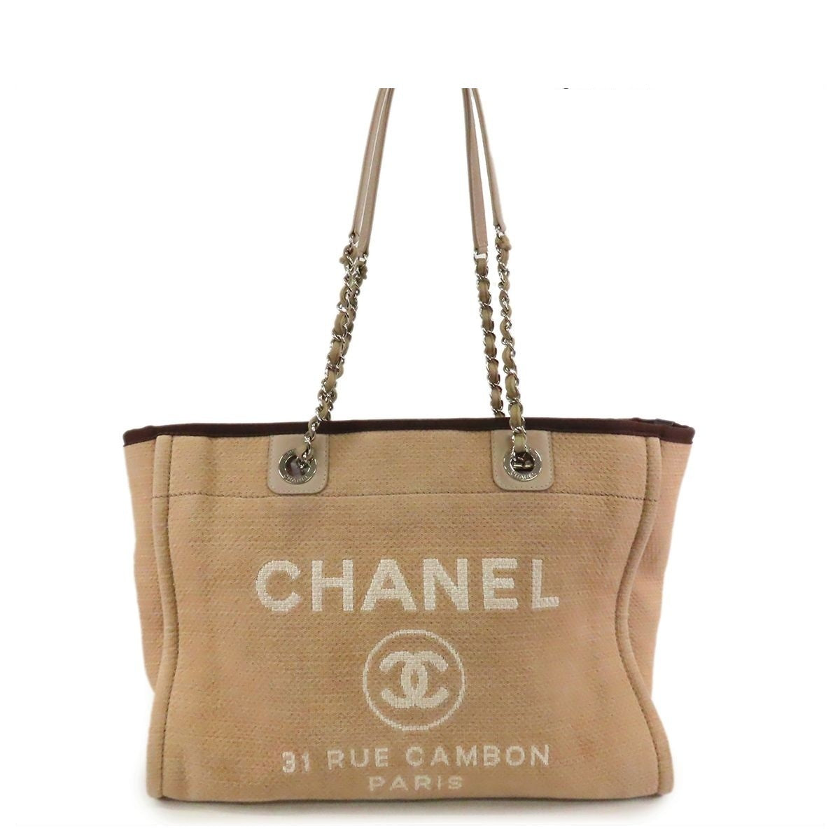 Chanel Deauville MM Beige Brown Silver Canvas Leather Chain Tote Bag