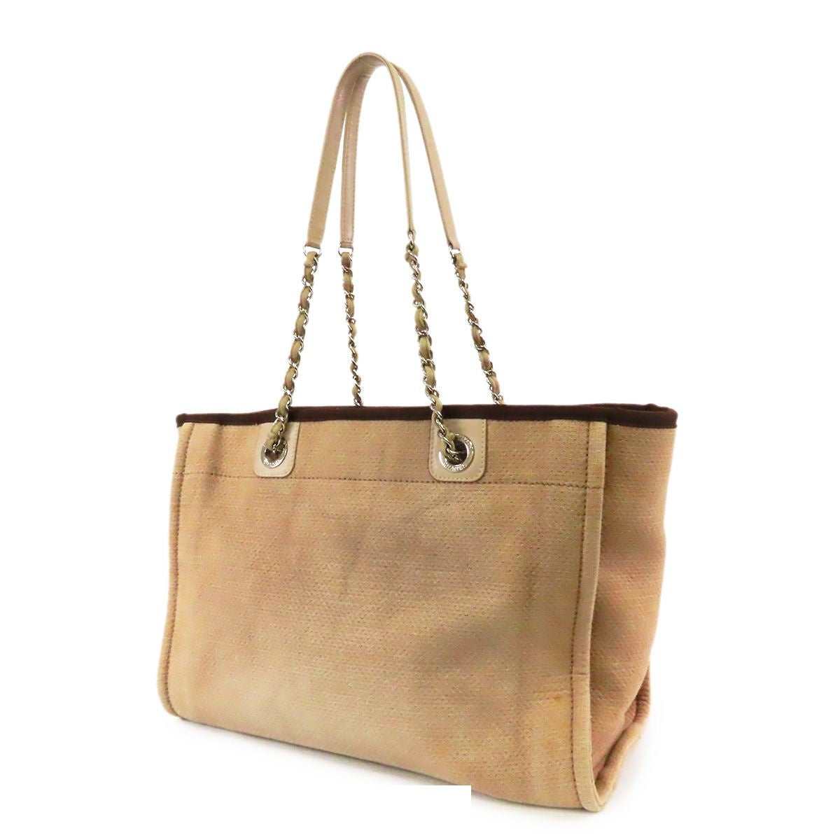 Chanel Deauville MM Beige Brown Silver Canvas Leather Chain Tote Bag — view 2