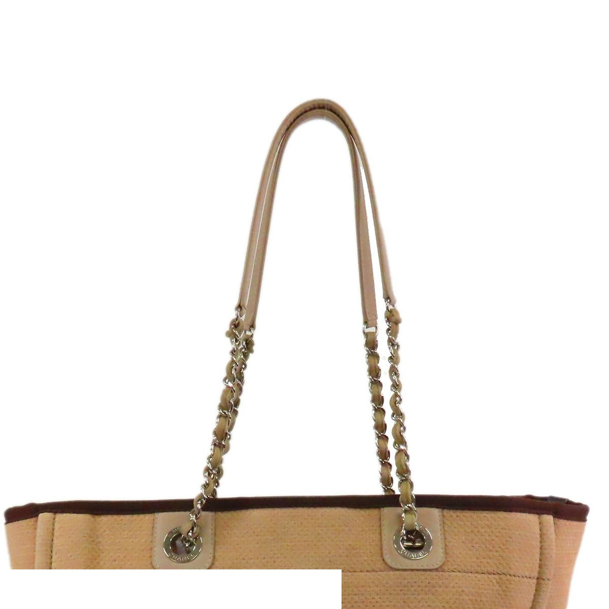 Chanel Deauville MM Beige Brown Silver Canvas Leather Chain Tote Bag — view 4
