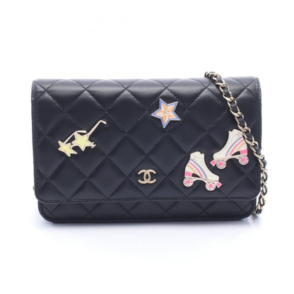 Chanel Shoulder Bag Quilted Black Lambskin Icon Charm Chain Wallet