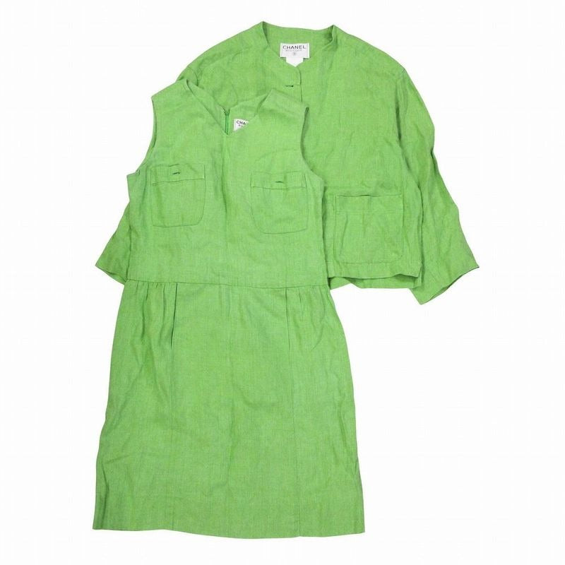 Chanel 96 P Linen Jacket Dress Set Suit Stand Collar 42