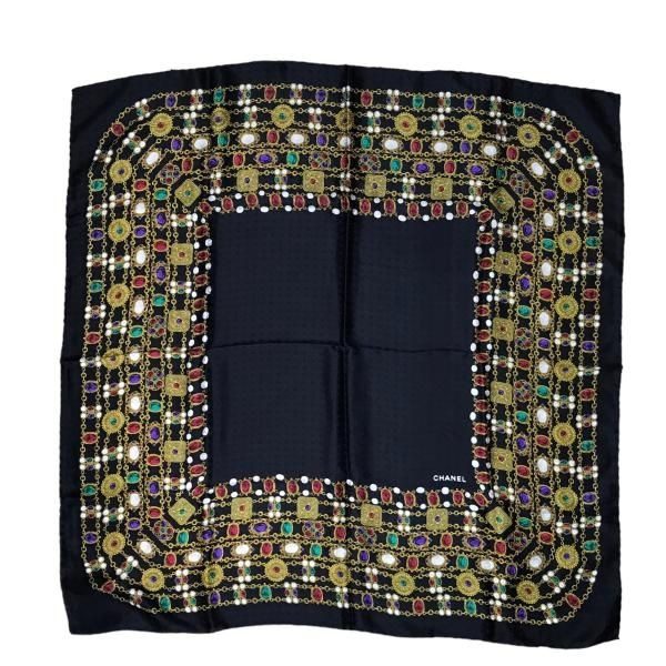 Chanel Gripoix Pattern CC Logo Scarf Silk 100% Black