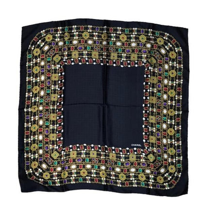 Chanel Gripoix Pattern CC Logo Scarf Silk 100% Black