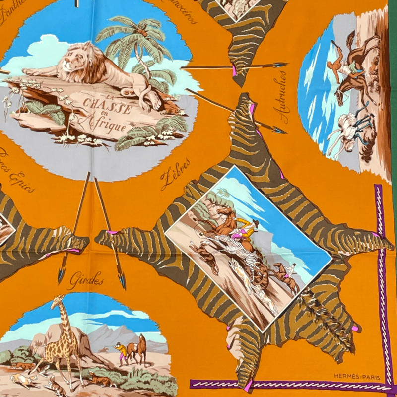 Hermes Carre 90 Scarf Silk LA Chasse En Afrique African Hunt Green