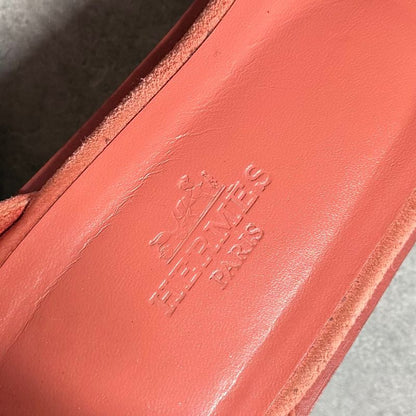 Hermes Santoni Strap Sandals Flat Shoes Coral Orange Suedeleather 38 25cm
