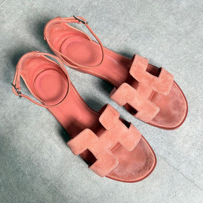 Hermes Santoni Strap Sandals Flat Shoes Coral Orange Suedeleather 38 25cm