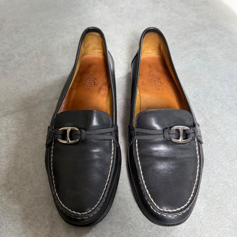 Hermes Chaine D'ancre Loafer Moccasin Farandole Leather Black Stitching 36 23cm