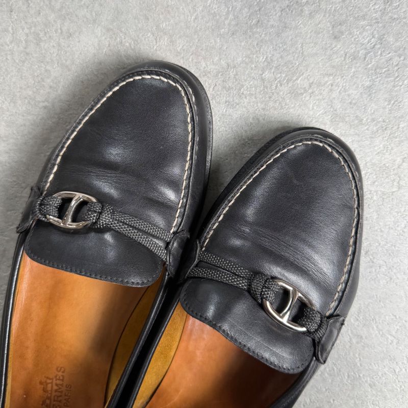 Hermes Chaine D'ancre Loafer Moccasin Farandole Leather Black Stitching 36 23cm