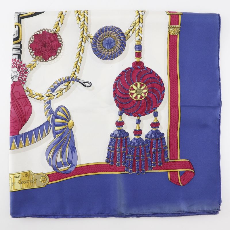 Hermes Carré 90 Frontaux Et Cocardes Front Rosette Insignia Silk Blue Women's