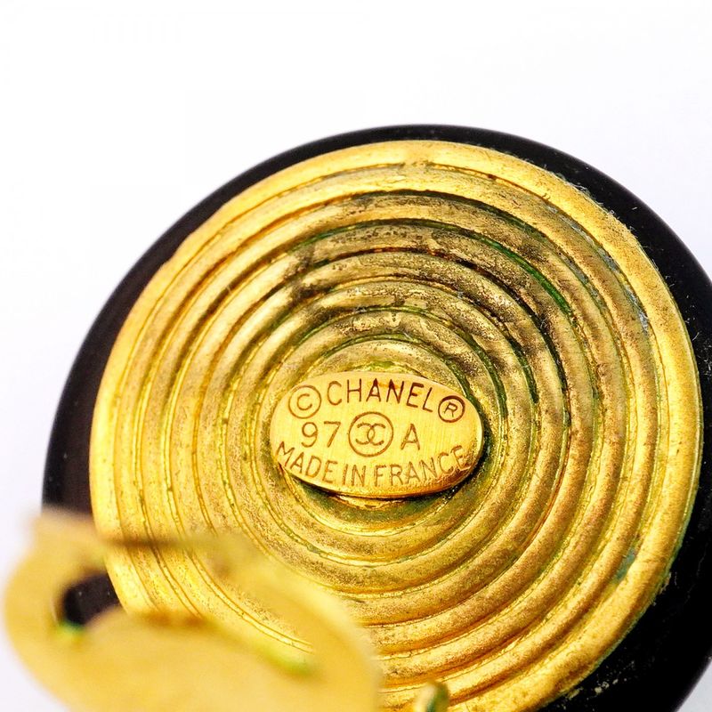 Chanel Earrings Vintage Coco Mark Round Shape Circle GP Plated Gold Black Cles