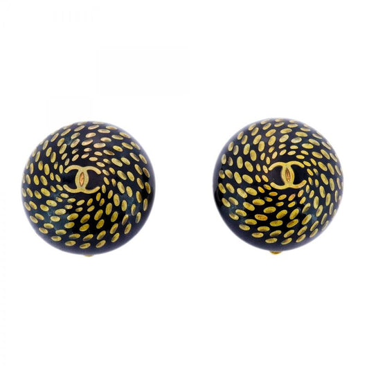 Chanel Earrings Vintage Coco Mark Round Shape Circle GP Plated Gold Black Cles
