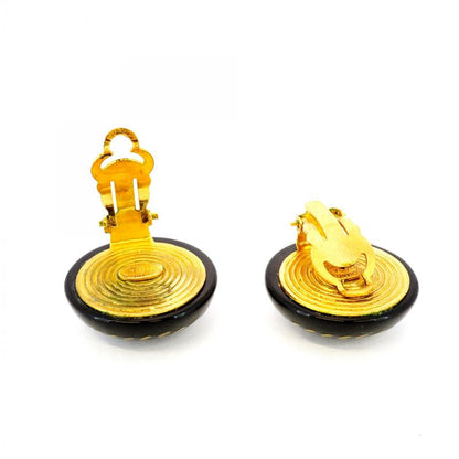 Chanel Earrings Vintage Coco Mark Round Shape Circle GP Plated Gold Black Cles