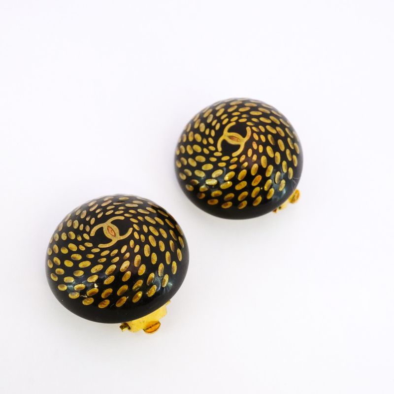 Chanel Earrings Vintage Coco Mark Round Shape Circle GP Plated Gold Black Cles