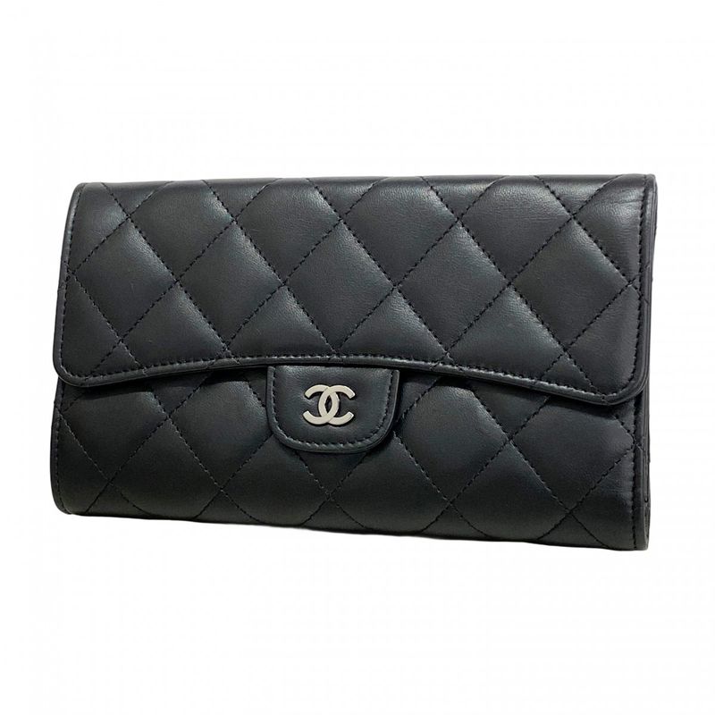 Chanel Trifold Long Wallet Matelasse Lambskin Black Silver Hardware Women