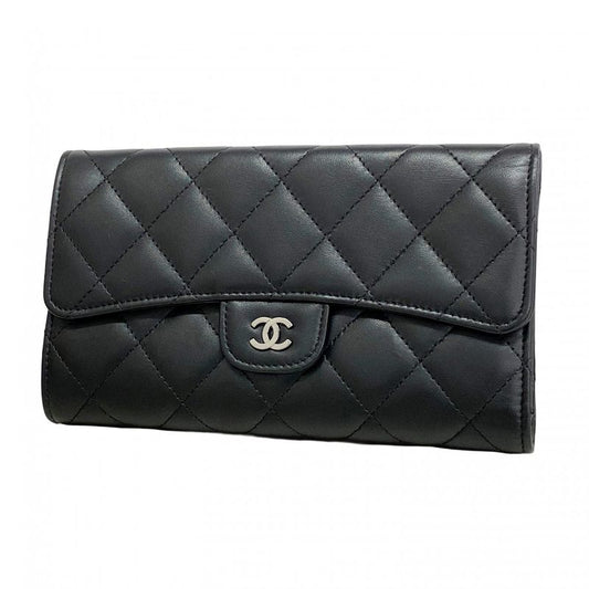 Chanel Trifold Long Wallet Matelasse Lambskin Black Silver Hardware Women