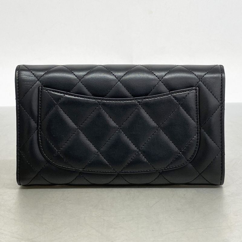 Chanel Trifold Long Wallet Matelasse Lambskin Black Silver Hardware Women