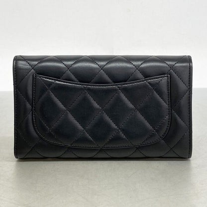 Chanel Trifold Long Wallet Matelasse Lambskin Black Silver Hardware Women