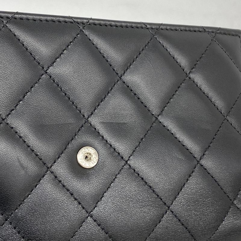 Chanel Trifold Long Wallet Matelasse Lambskin Black Silver Hardware Women