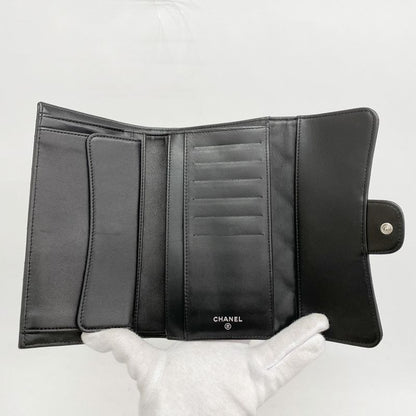 Chanel Trifold Long Wallet Matelasse Lambskin Black Silver Hardware Women
