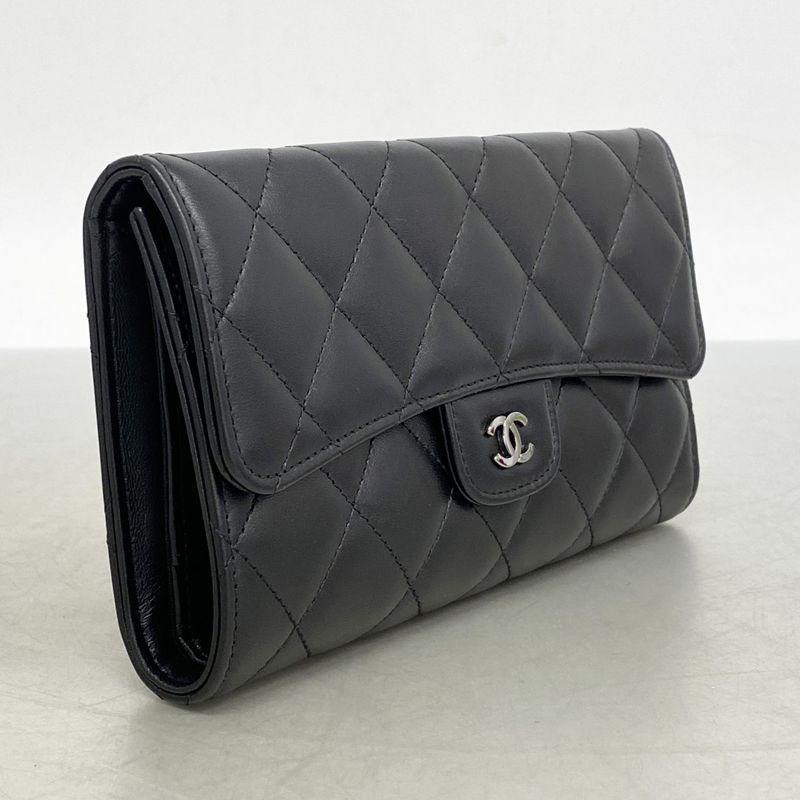 Chanel Trifold Long Wallet Matelasse Lambskin Black Silver Hardware Women
