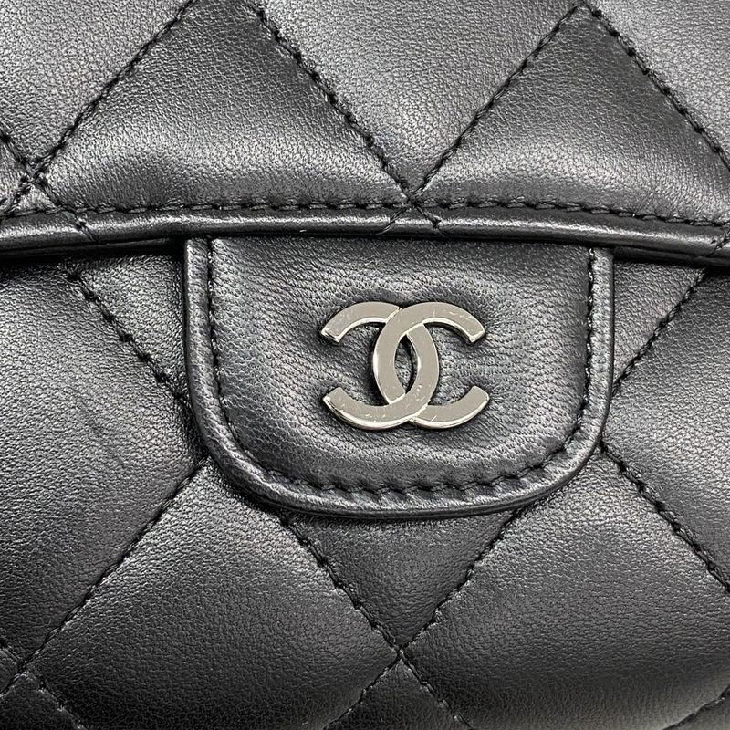 Chanel Trifold Long Wallet Matelasse Lambskin Black Silver Hardware Women