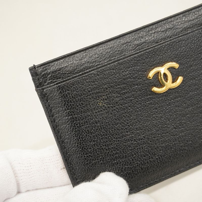 Chanel Card Case Leather Black Gold Hardware Women