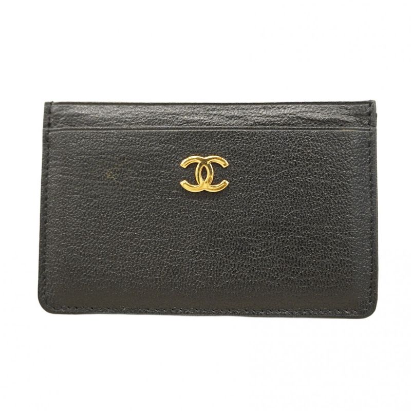 Chanel Card Case Leather Black Gold Hardware Women