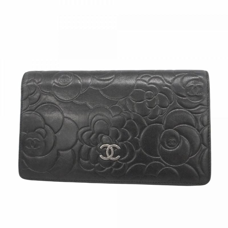 Chanel Long Wallet Camellia Lambskin Black Silver Hardware Women