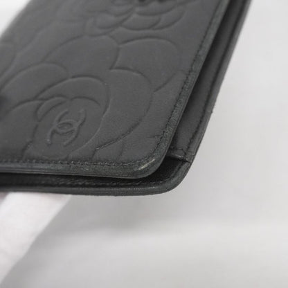 Chanel Long Wallet Camellia Lambskin Black Silver Hardware Women