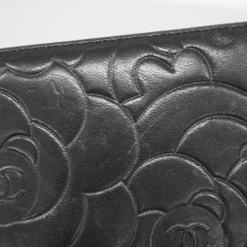 Chanel Long Wallet Camellia Lambskin Black Silver Hardware Women