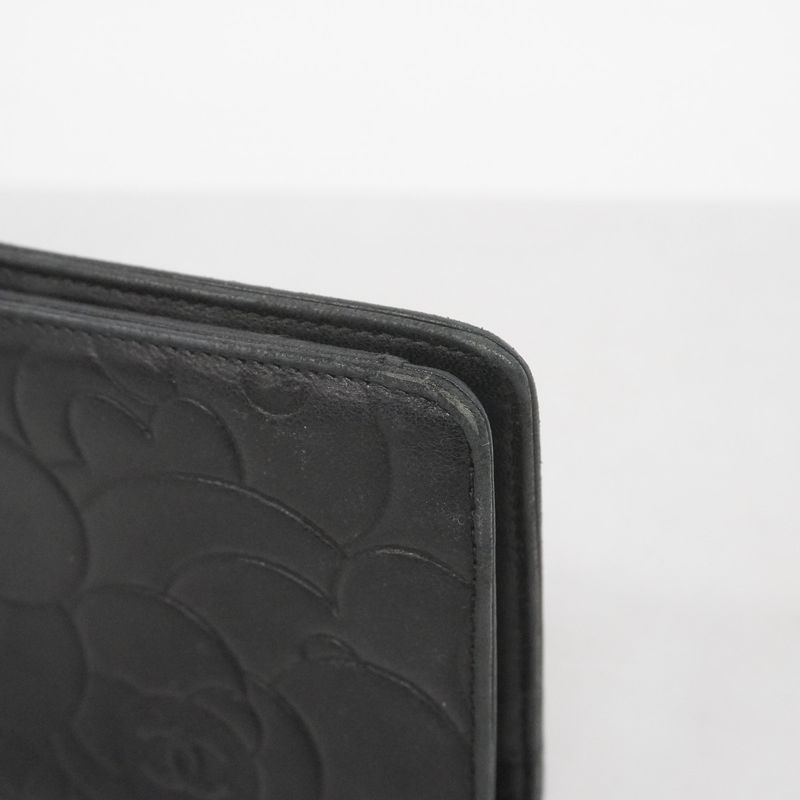 Chanel Long Wallet Camellia Lambskin Black Silver Hardware Women