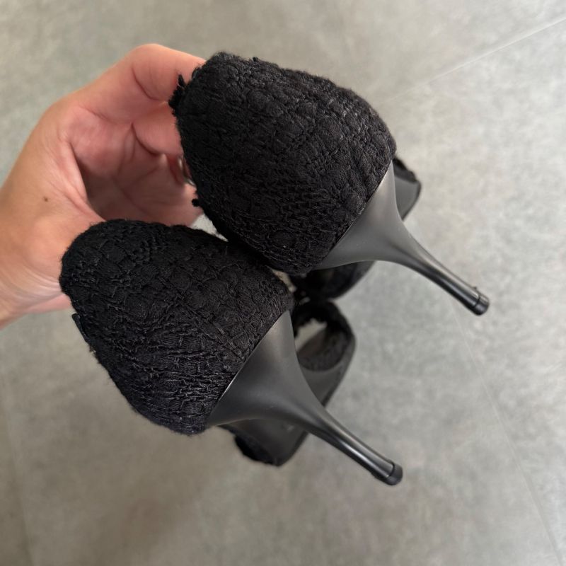 Chanel Tweed Ribbon Sandals Coco Mark Black Chunky Heel Strappy Sandals 36 1 2c