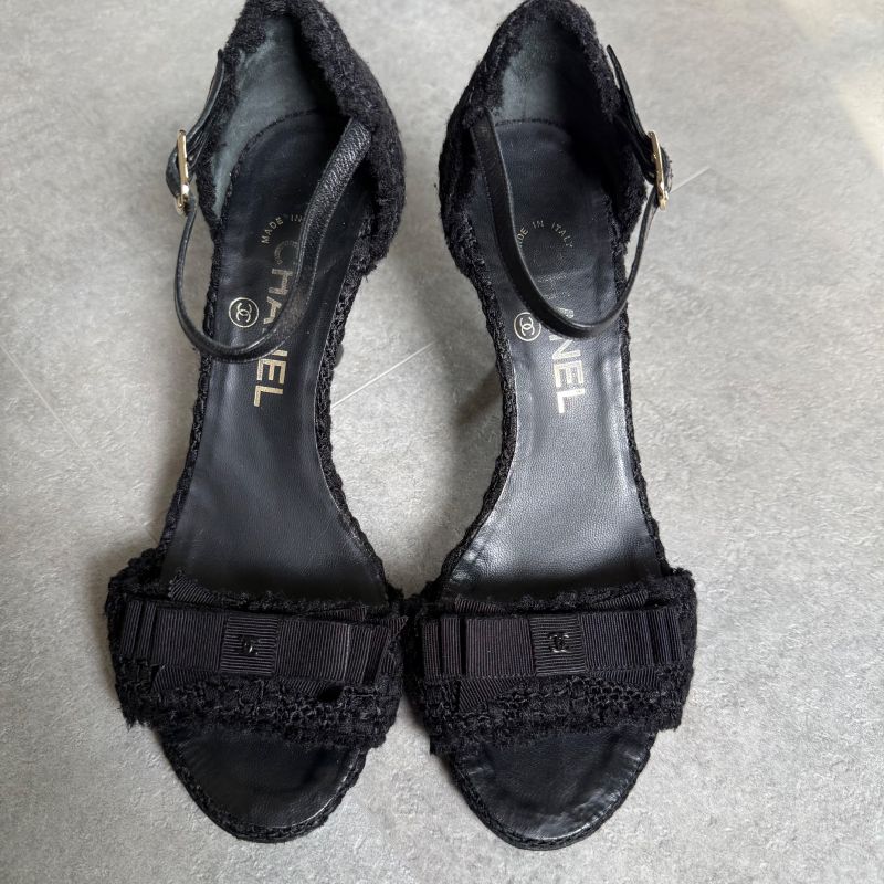Chanel Tweed Ribbon Sandals Coco Mark Black Chunky Heel Strappy Sandals 36 1 2c