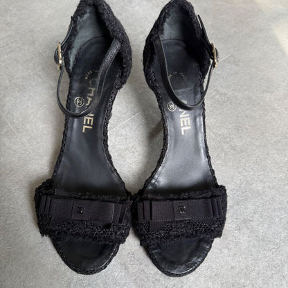 Chanel Tweed Ribbon Sandals Coco Mark Black Chunky Heel Strappy Sandals 36 1 2c