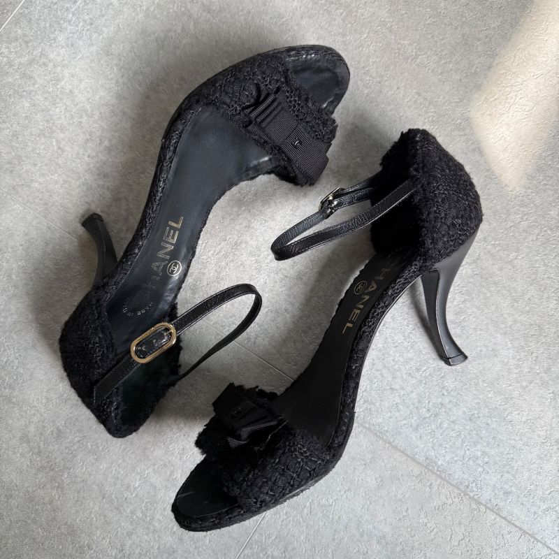 Chanel Tweed Ribbon Sandals Coco Mark Black Chunky Heel Strappy Sandals 36 1 2c